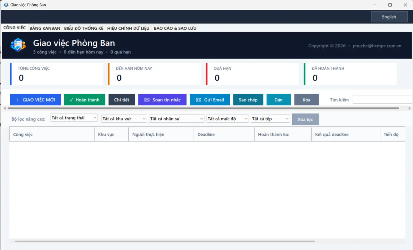 Giao diện thực tế App Giao Việc Phòng Ban với quản lý công việc, Kanban, thống kê và báo cáo